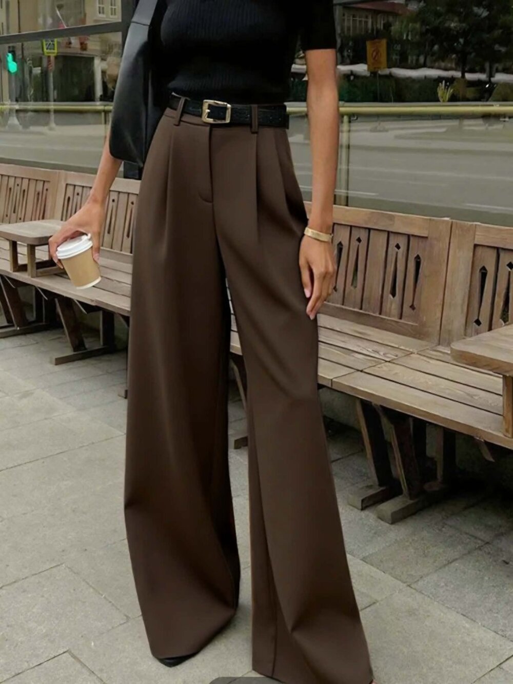 Solid Wide Leg Pants Without Belt - S